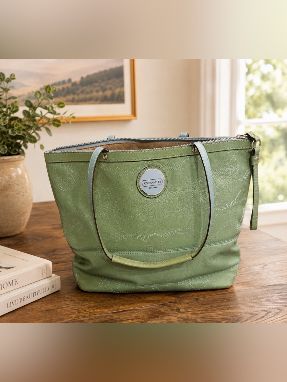 Coach Light Green patent Leather Tote with Logo Medallion F15142
